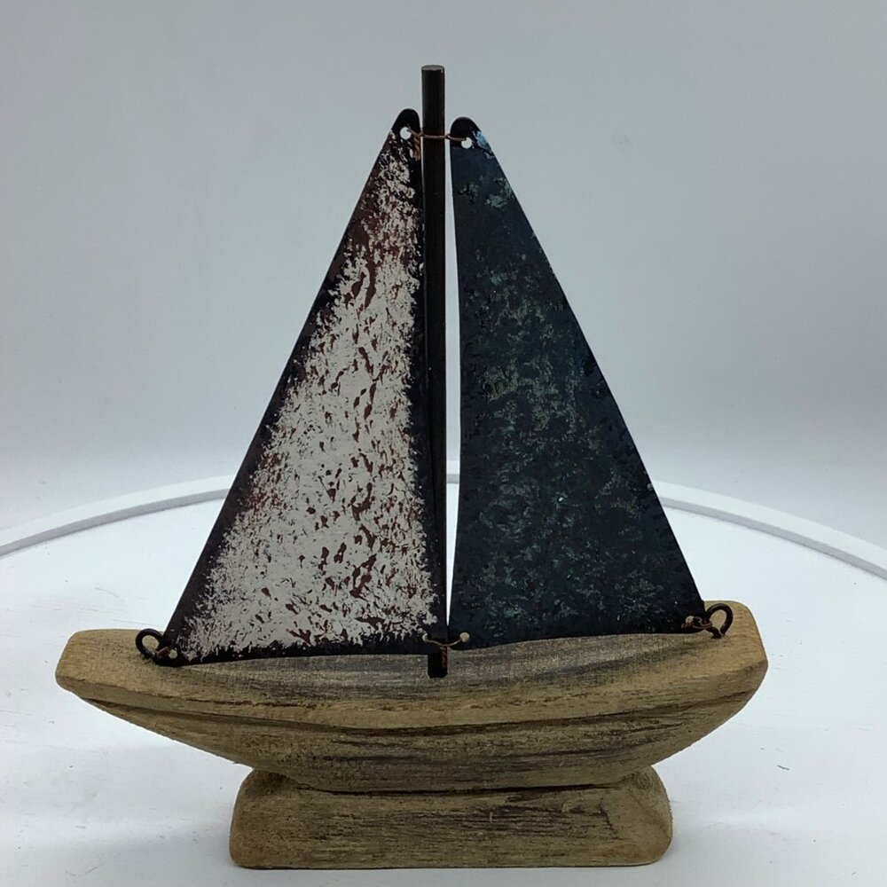 Folk Art Rustic Wooden Nautical Sailboat Decor Distressed Sails 6"x7"